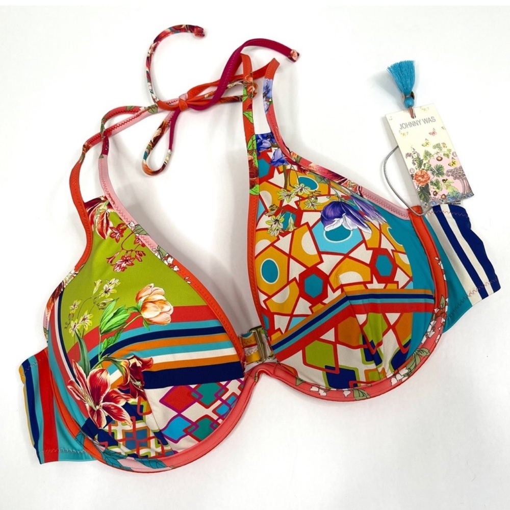 JOHNNY WAS Kaya Boho Halter Tie Bikini Top Multi NEW Size XL
